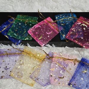 Sheer Organza Gift Bags Drawstring XSmall Metallic Stars Gold pink Colors Cinch